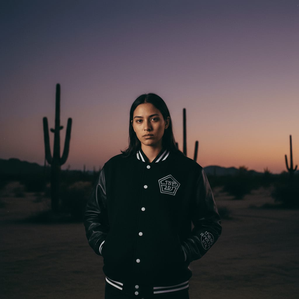 Model wearing a black BXELEVEN varsity jacket among cacti at dusk